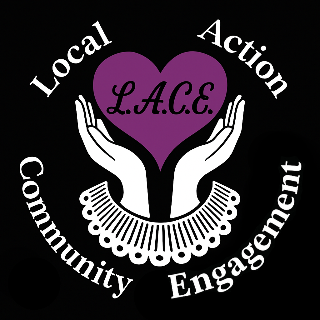 Local Action. Community Engagement. Hands holding a purple heart.